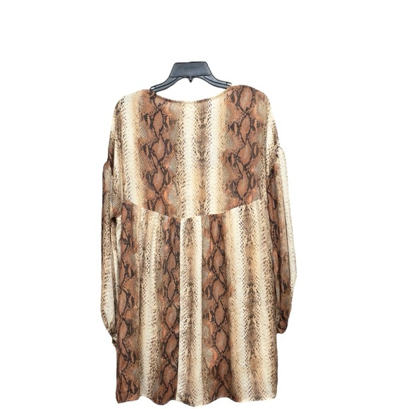 Entro Cream and Brown Sundress with V-Neck and Bishop Sleeves - Picture 2 of 3